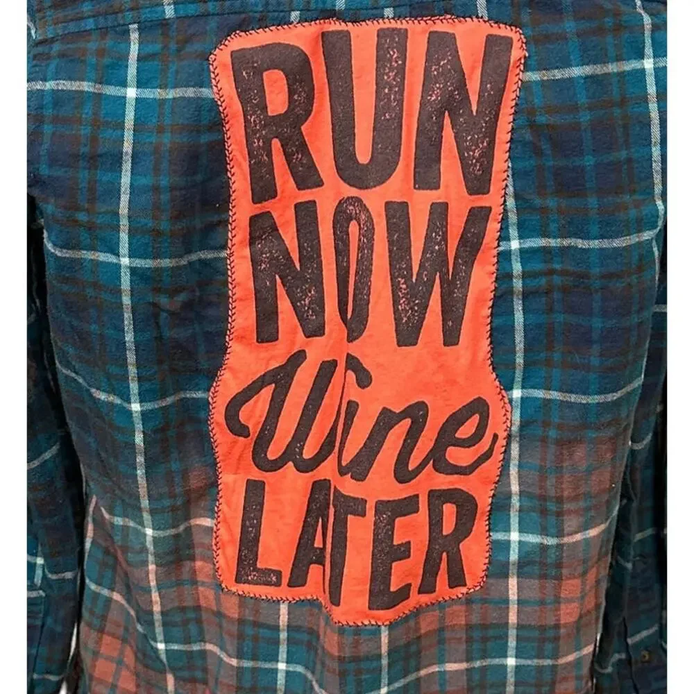 Run Now Wine Later Flannel Plaid Shirt SMALL Shacket Oversize Unique Upcycled - Picture 2 of 6